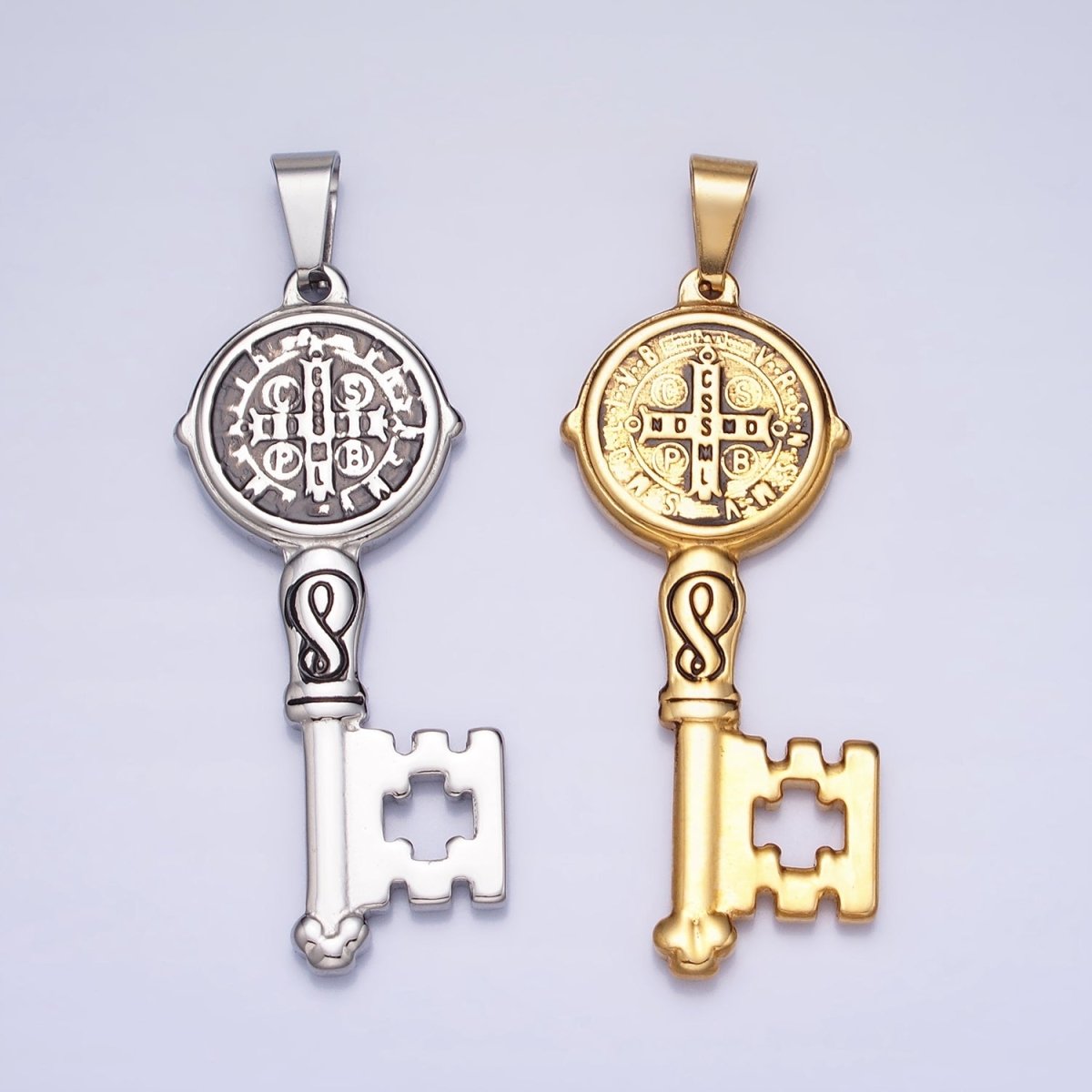 Stainless Steel SMQLIVB PAX VRSNSMV Saint Benedict Double Sided Engraved Key Pendant in Gold &amp; Silver | P-1089 P-1090