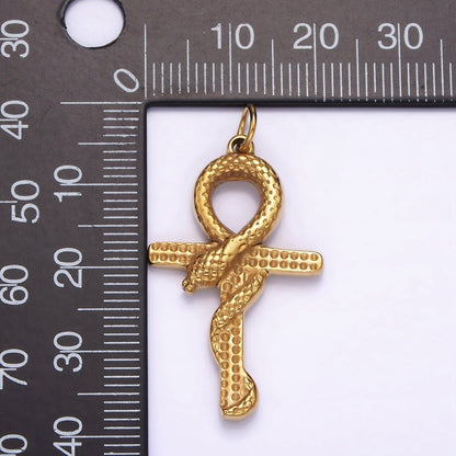 Stainless Steel Snake Serpent Animal Religious Ankh Cross Gold Charm | P1234