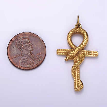 Stainless Steel Snake Serpent Animal Religious Ankh Cross Gold Charm | P1234