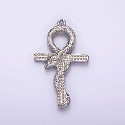 Stainless Steel Snake Serpent Animal Religious Ankh Cross Silver Charm | P1285