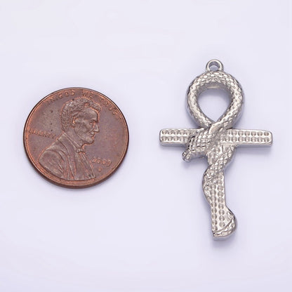 Stainless Steel Snake Serpent Animal Religious Ankh Cross Silver Charm | P1285