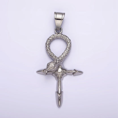 Stainless Steel Snake Serpent Sunburst Arrow Egyptian Ankh Cross Pendant J-746