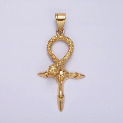 Stainless Steel Snake Serpent Sunburst Arrow Egyptian Ankh Cross Pendant | P-772