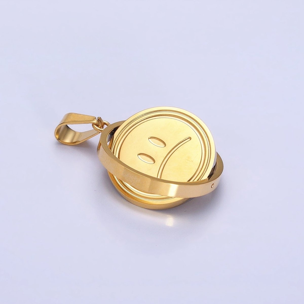 Stainless Steel Spinning Double Sided Smiley &amp; Sad Face Pendant in Gold &amp; Silver | P-1121