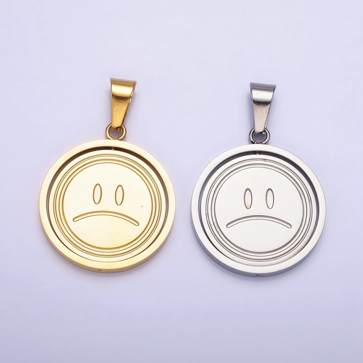 Stainless Steel Spinning Double Sided Smiley &amp; Sad Face Pendant in Gold &amp; Silver | P-1121