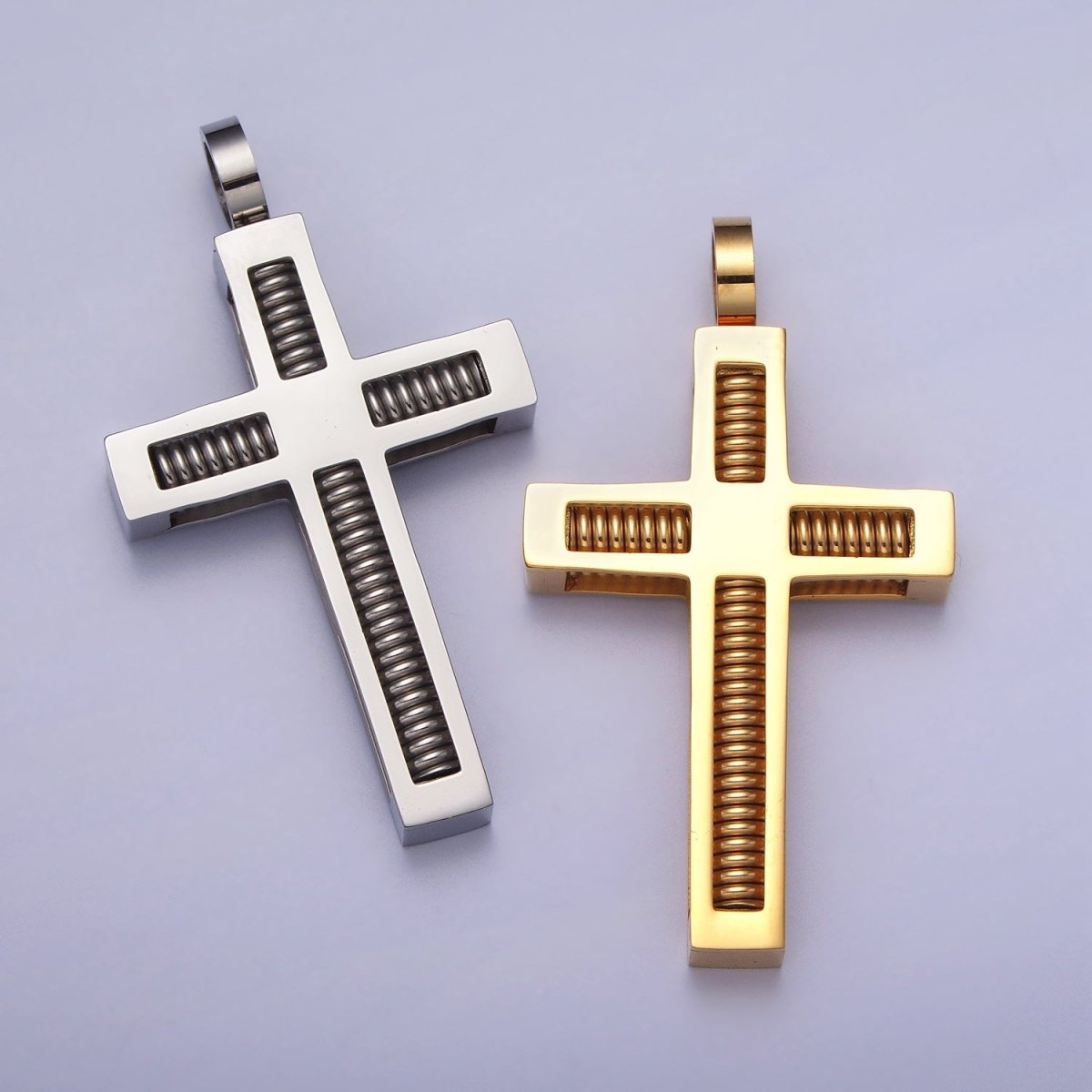 Stainless Steel Spring Coil Textured Latin Cross Pendant in Gold &amp; Silver | P-1097
