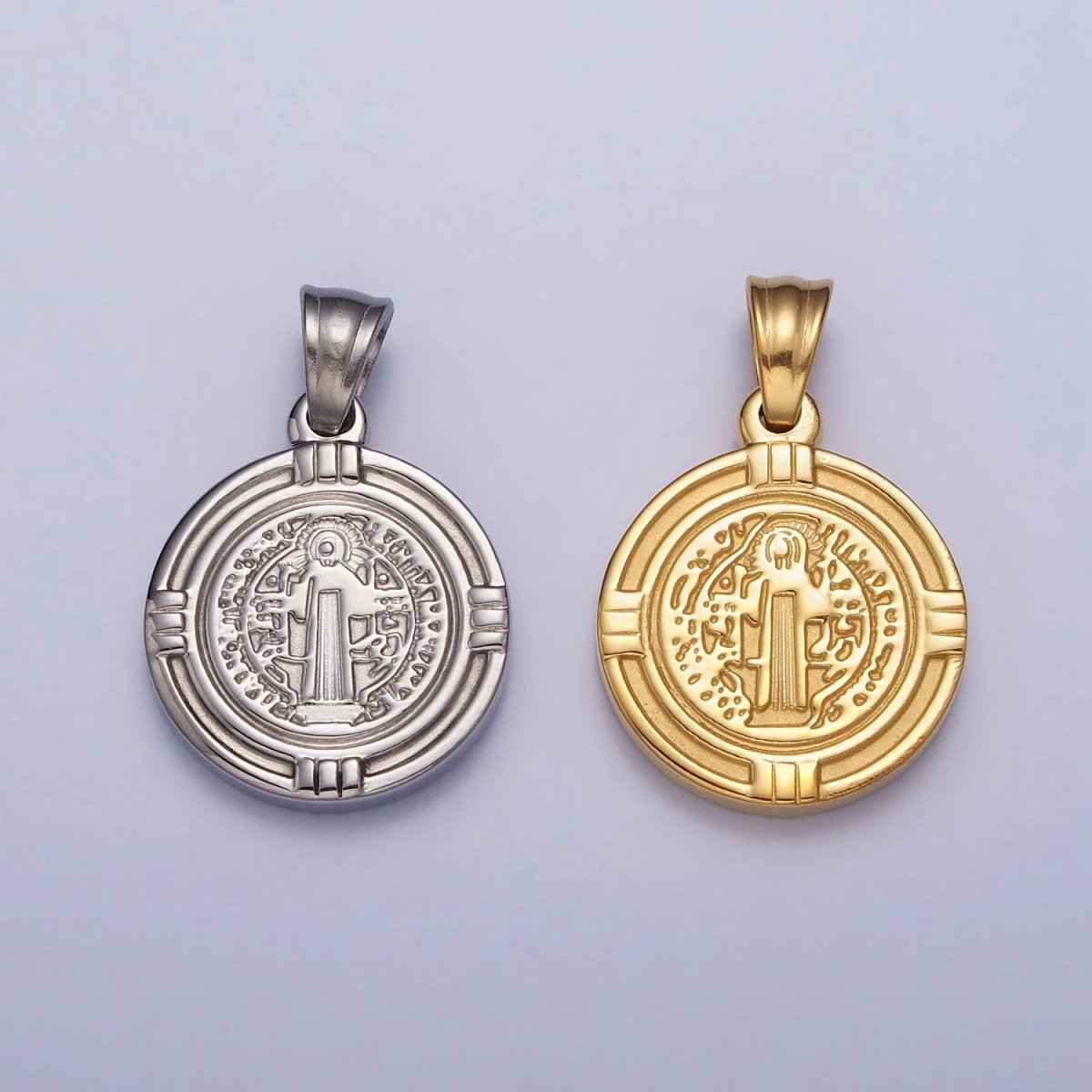 Stainless Steel St. Saint Benedict Double Sided SMQLIVB PAX VRSNSMV Pendant in Gold &amp; Silver | P-1077