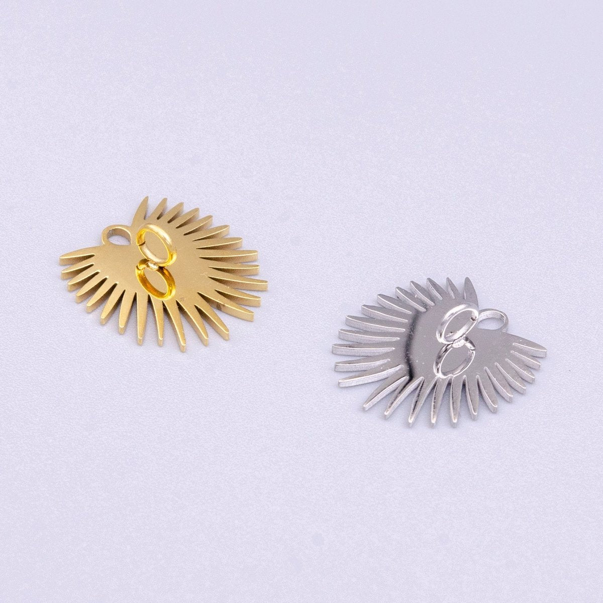 Stainless Steel Sunburst Line Engraved Sacred Heart Double Loop Charm in Gold &amp; Silver | P-915