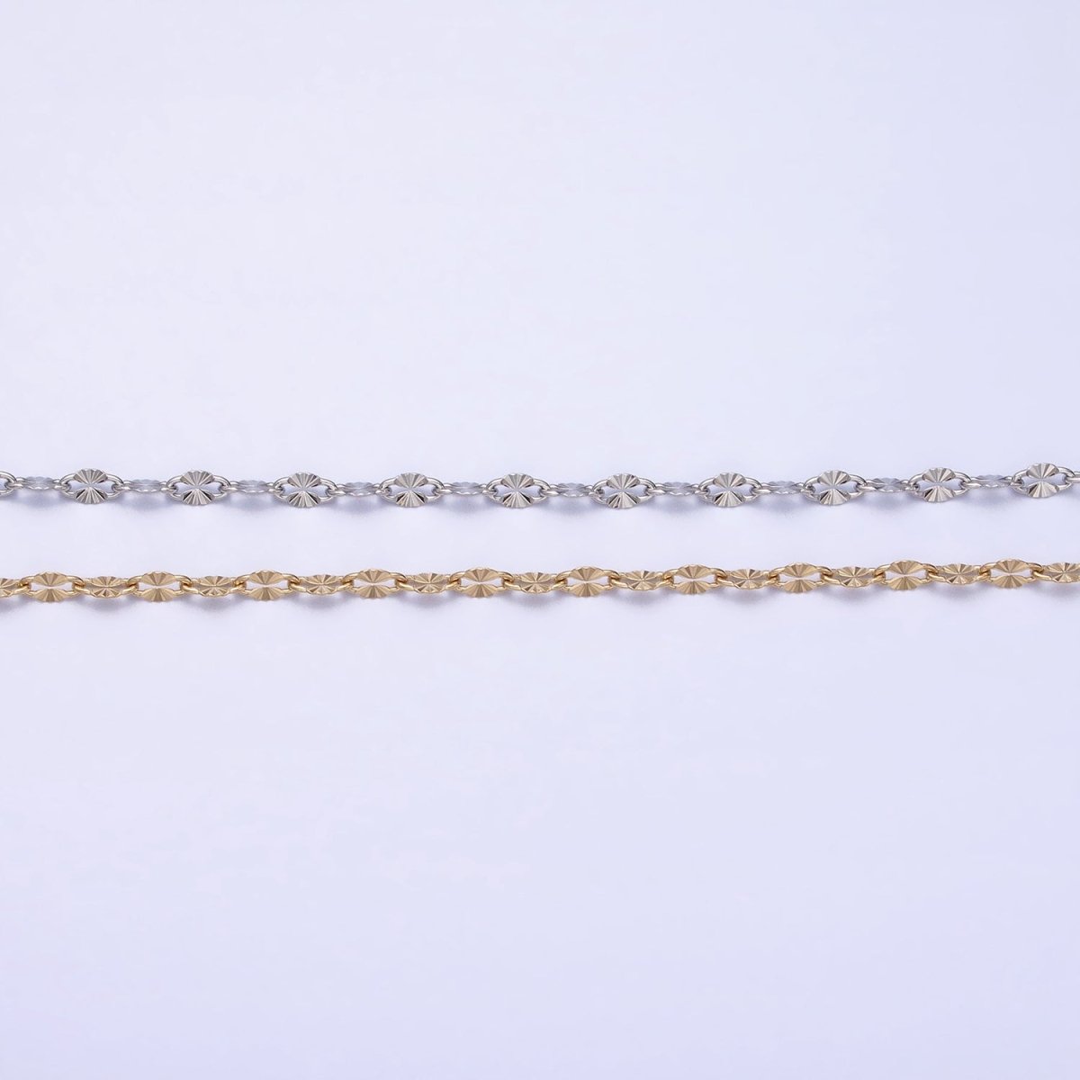Stainless Steel Sunburst Link 2.3mm Designed Unfinished Chain in Gold &amp; Silver | ROLL-1350 ROLL-1351
