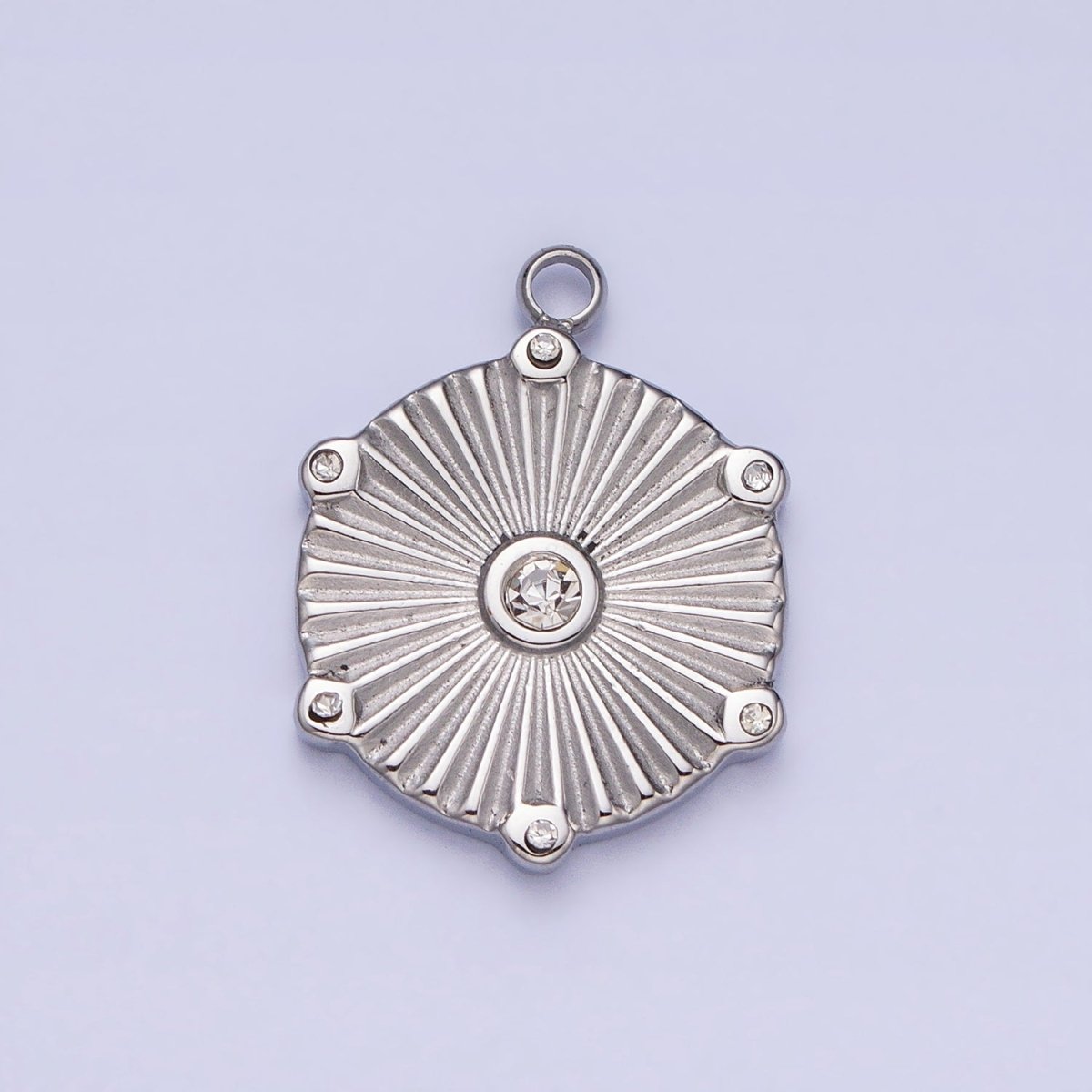 Stainless Steel Sunburst Round Clear CZ Hexagonal Geometric Charm in Gold &amp; Silver | P-886