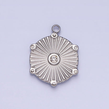 Stainless Steel Sunburst Round Clear CZ Hexagonal Geometric Charm in Gold &amp; Silver | P-886
