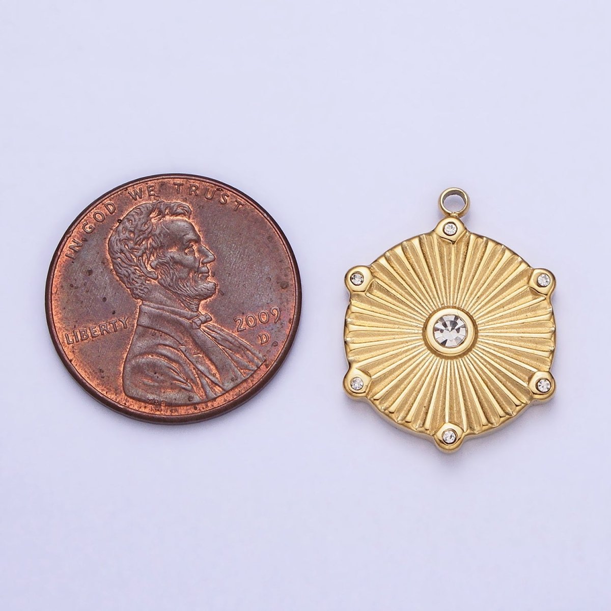 Stainless Steel Sunburst Round Clear CZ Hexagonal Geometric Charm in Gold &amp; Silver | P-886