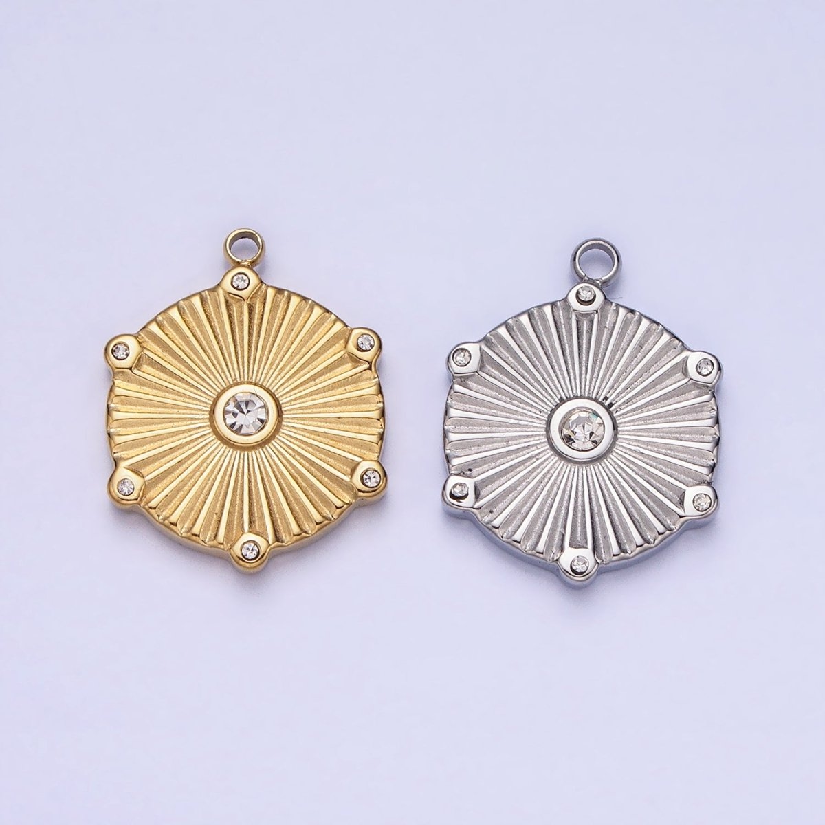 Stainless Steel Sunburst Round Clear CZ Hexagonal Geometric Charm in Gold &amp; Silver | P-886