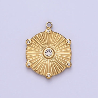 Stainless Steel Sunburst Round Clear CZ Hexagonal Geometric Charm in Gold &amp; Silver | P-886