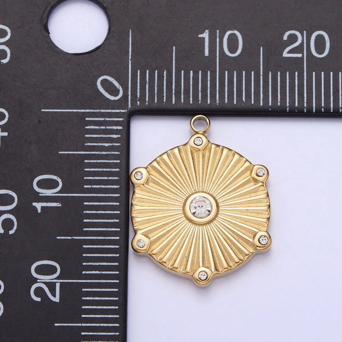 Stainless Steel Sunburst Round Clear CZ Hexagonal Geometric Charm in Gold &amp; Silver | P-886
