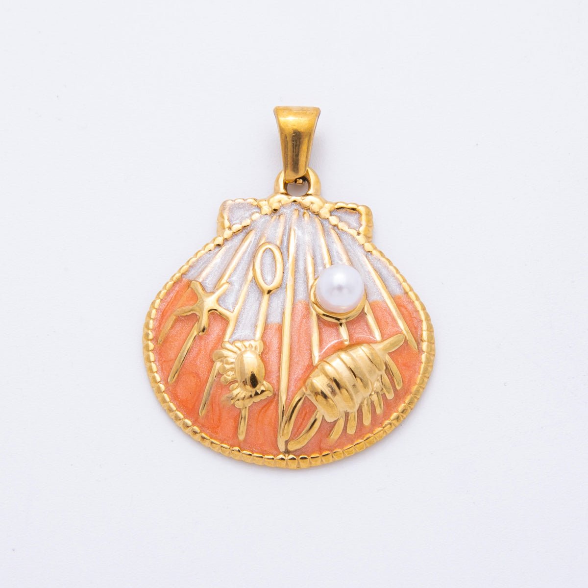 Stainless Steel Blue, Orange, Purple Enamel Crab Starfish Shell Pearl Clam Pendant | J497 J500