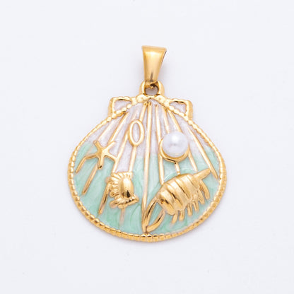 Stainless Steel Blue, Orange, Purple Enamel Crab Starfish Shell Pearl Clam Pendant | J497 J500