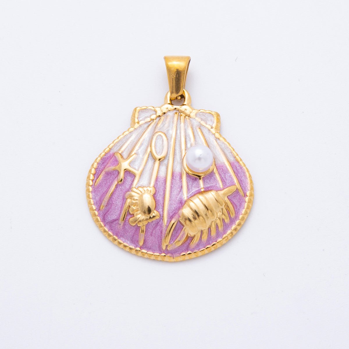 Stainless Steel Blue, Orange, Purple Enamel Crab Starfish Shell Pearl Clam Pendant | J497 J500