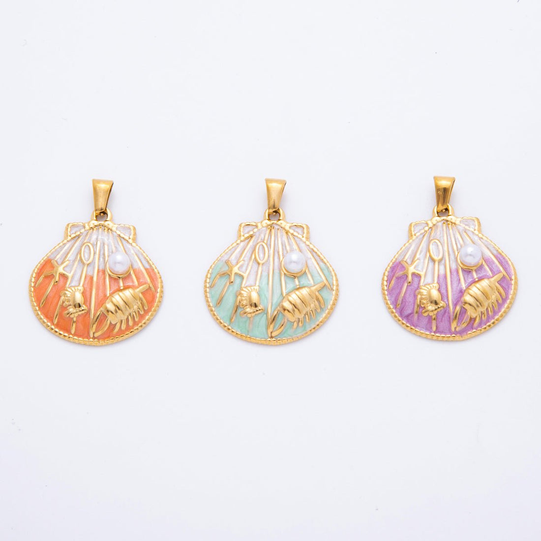 Stainless Steel Blue, Orange, Purple Enamel Crab Starfish Shell Pearl Clam Pendant | J497 J500