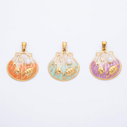 Stainless Steel Blue, Orange, Purple Enamel Crab Starfish Shell Pearl Clam Pendant | J497 J500