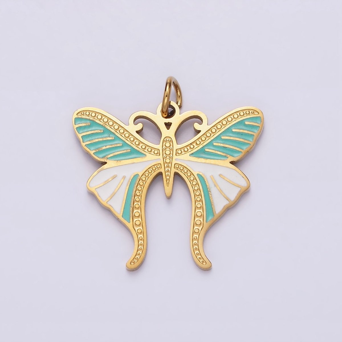 Stainless Steel Teal White Enamel Dotted Engraved Butterfly Wings Charm in Gold &amp; Silver | P-636