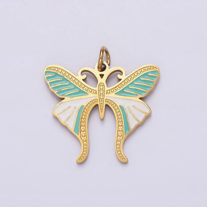 Stainless Steel Teal White Enamel Dotted Engraved Butterfly Wings Charm in Gold &amp; Silver | P-636