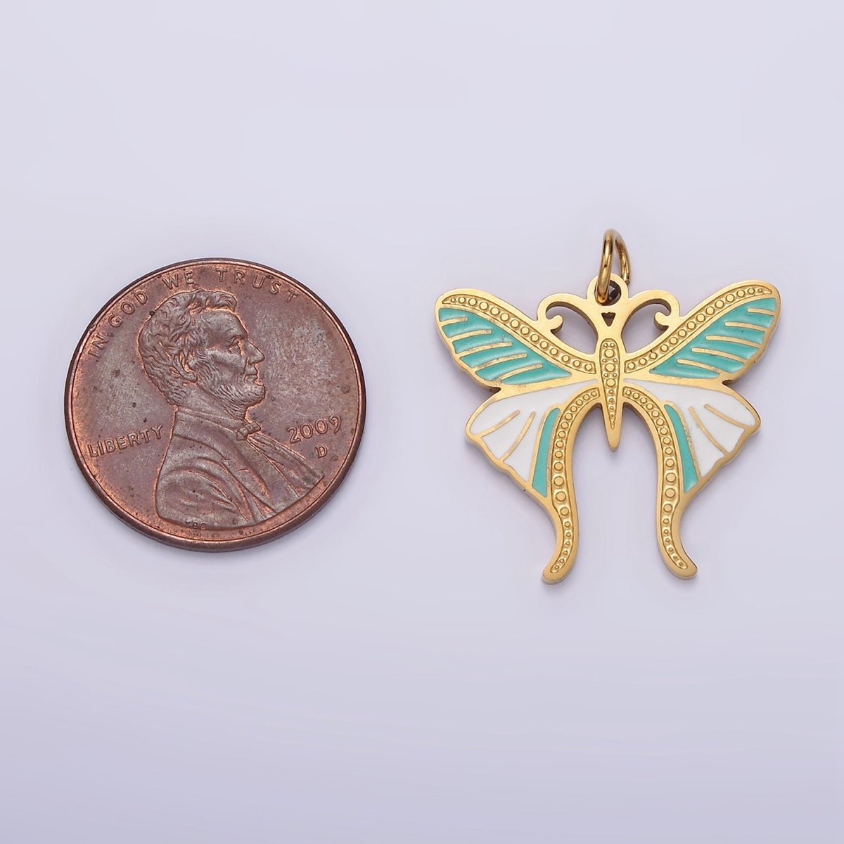 Stainless Steel Teal White Enamel Dotted Engraved Butterfly Wings Charm in Gold &amp; Silver | P-636