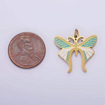 Stainless Steel Teal White Enamel Dotted Engraved Butterfly Wings Charm in Gold &amp; Silver | P-636