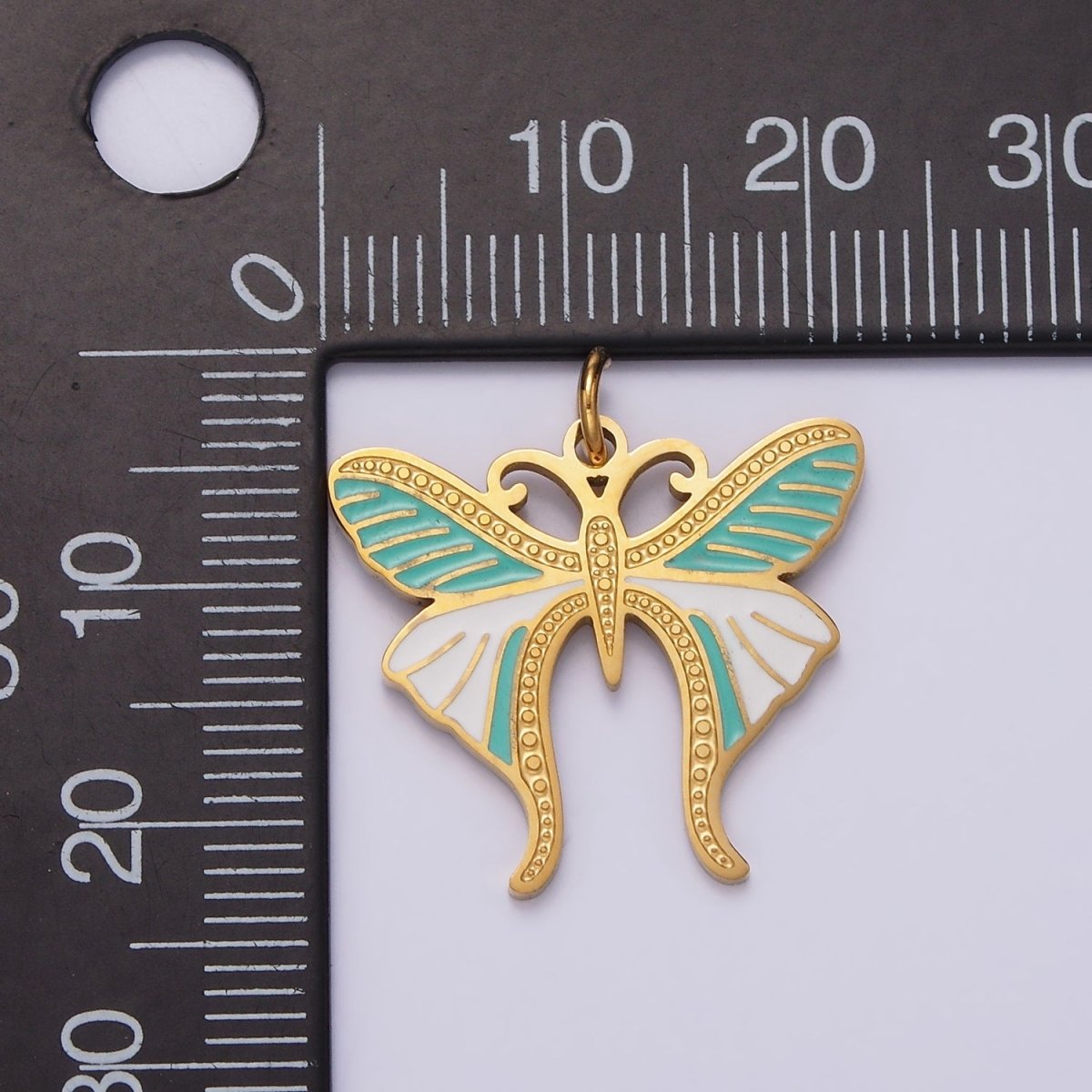 Stainless Steel Teal White Enamel Dotted Engraved Butterfly Wings Charm in Gold &amp; Silver | P-636