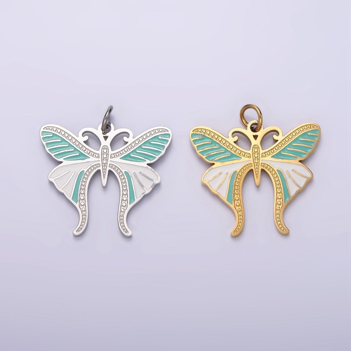 Stainless Steel Teal White Enamel Dotted Engraved Butterfly Wings Charm in Gold &amp; Silver | P-636