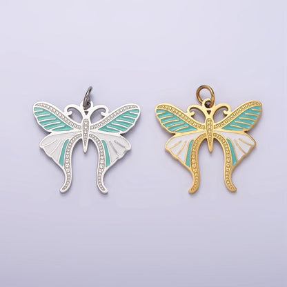 Stainless Steel Teal White Enamel Dotted Engraved Butterfly Wings Charm in Gold &amp; Silver | P-636