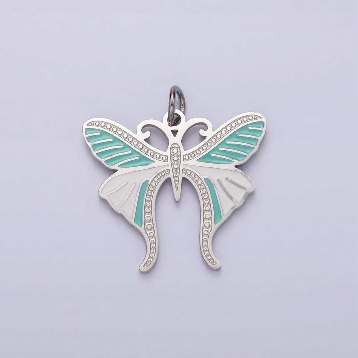 Stainless Steel Teal White Enamel Dotted Engraved Butterfly Wings Charm in Gold &amp; Silver | P-636
