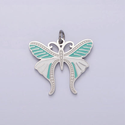 Stainless Steel Teal White Enamel Dotted Engraved Butterfly Wings Charm in Gold &amp; Silver | P-636
