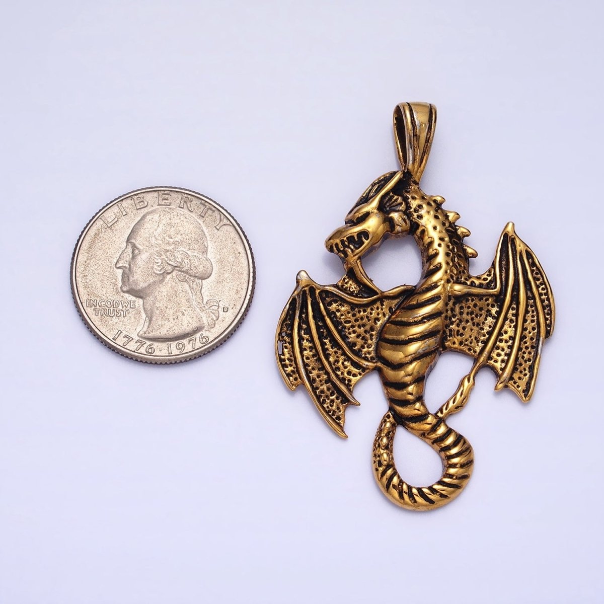 Stainless Steel Textured Winged Dragon Pendant in Gold &amp; Silver P-1148