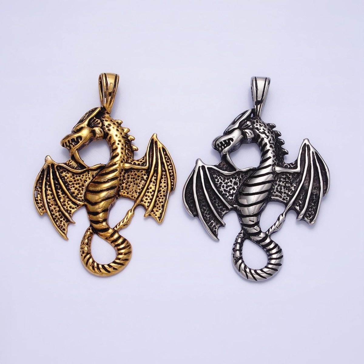 Stainless Steel Textured Winged Dragon Pendant in Gold &amp; Silver P-1148