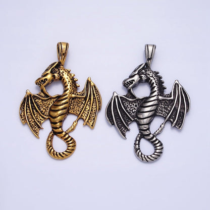 Stainless Steel Textured Winged Dragon Pendant in Gold &amp; Silver P-1148