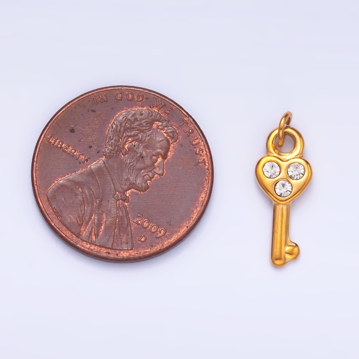 Stainless Steel Triple CZ Heart Key Mini Charm | P1221