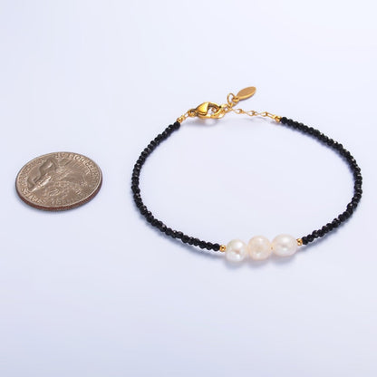 Stainless Steel Triple Shell Pearl Onyx Natural Gemstone 6.5 Inch Bracelet | WA-3129