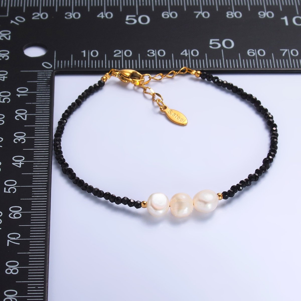 Stainless Steel Triple Shell Pearl Onyx Natural Gemstone 6.5 Inch Bracelet | WA-3129