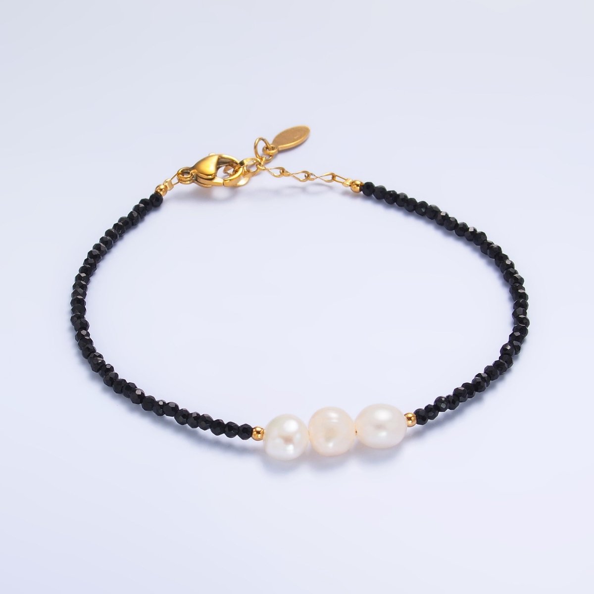 Stainless Steel Triple Shell Pearl Onyx Natural Gemstone 6.5 Inch Bracelet | WA-3129