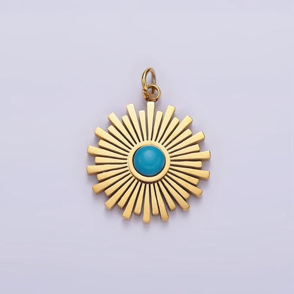 Stainless Steel Turquoise Round Sunburst Bar Celestial Sun Round Charm | P-650