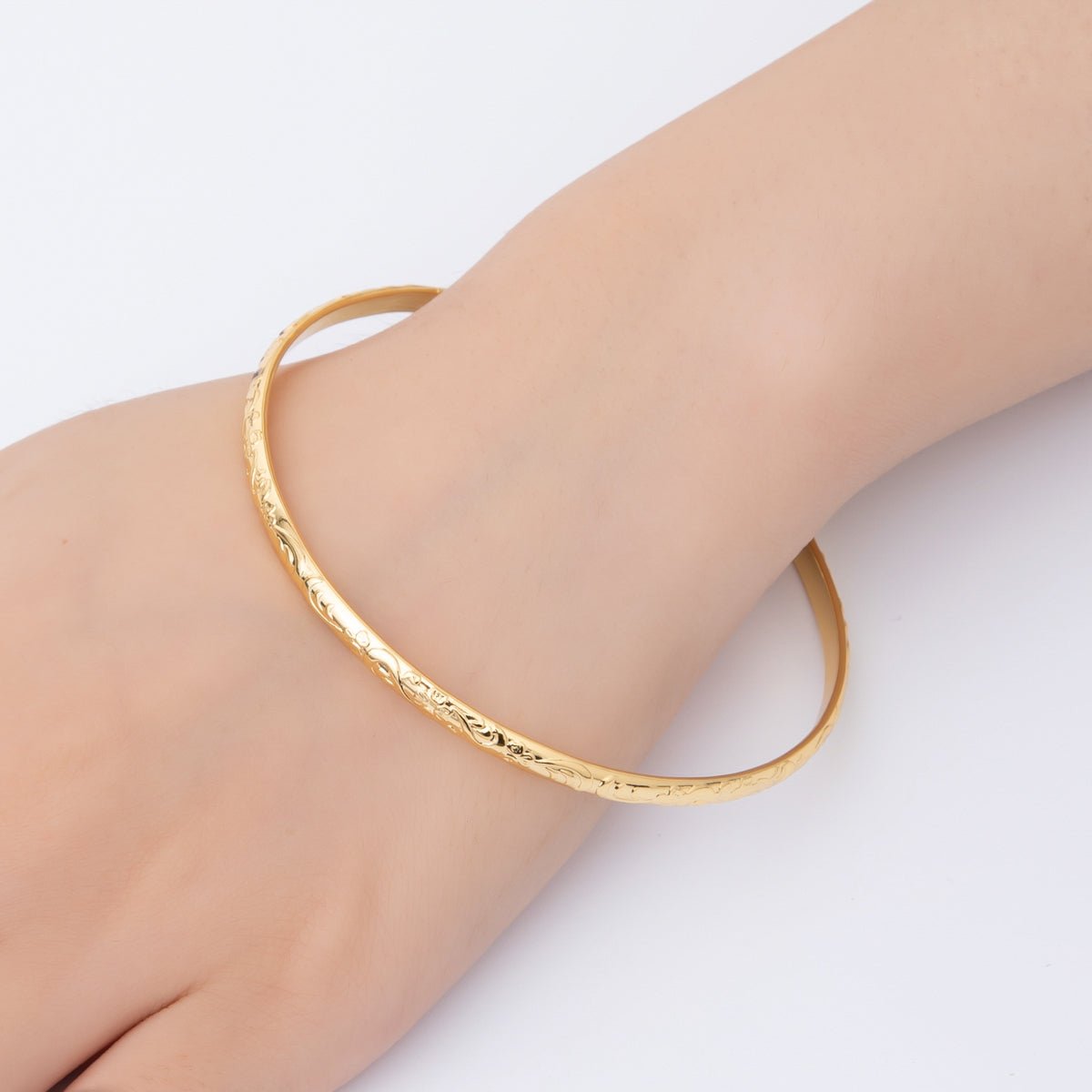 Gold Stainless Steel Bali Artisan Design Round Bangle Bracelet | WA-3463