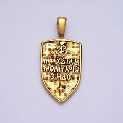 Stainless Steel Winged Angel Soldier Religious Cross Shield Crest Double Sided Pendant in Silver &amp; Gold | P-1135