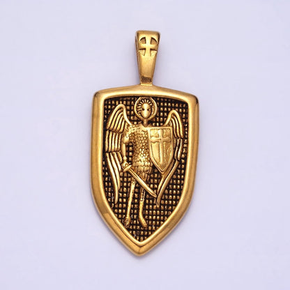 Stainless Steel Winged Angel Soldier Religious Cross Shield Crest Double Sided Pendant in Silver &amp; Gold | P-1135