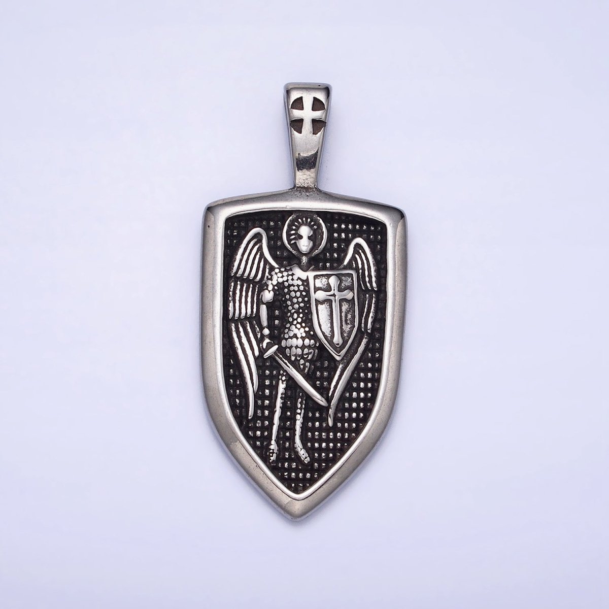 Stainless Steel Winged Angel Soldier Religious Cross Shield Crest Double Sided Pendant in Silver &amp; Gold | P-1135