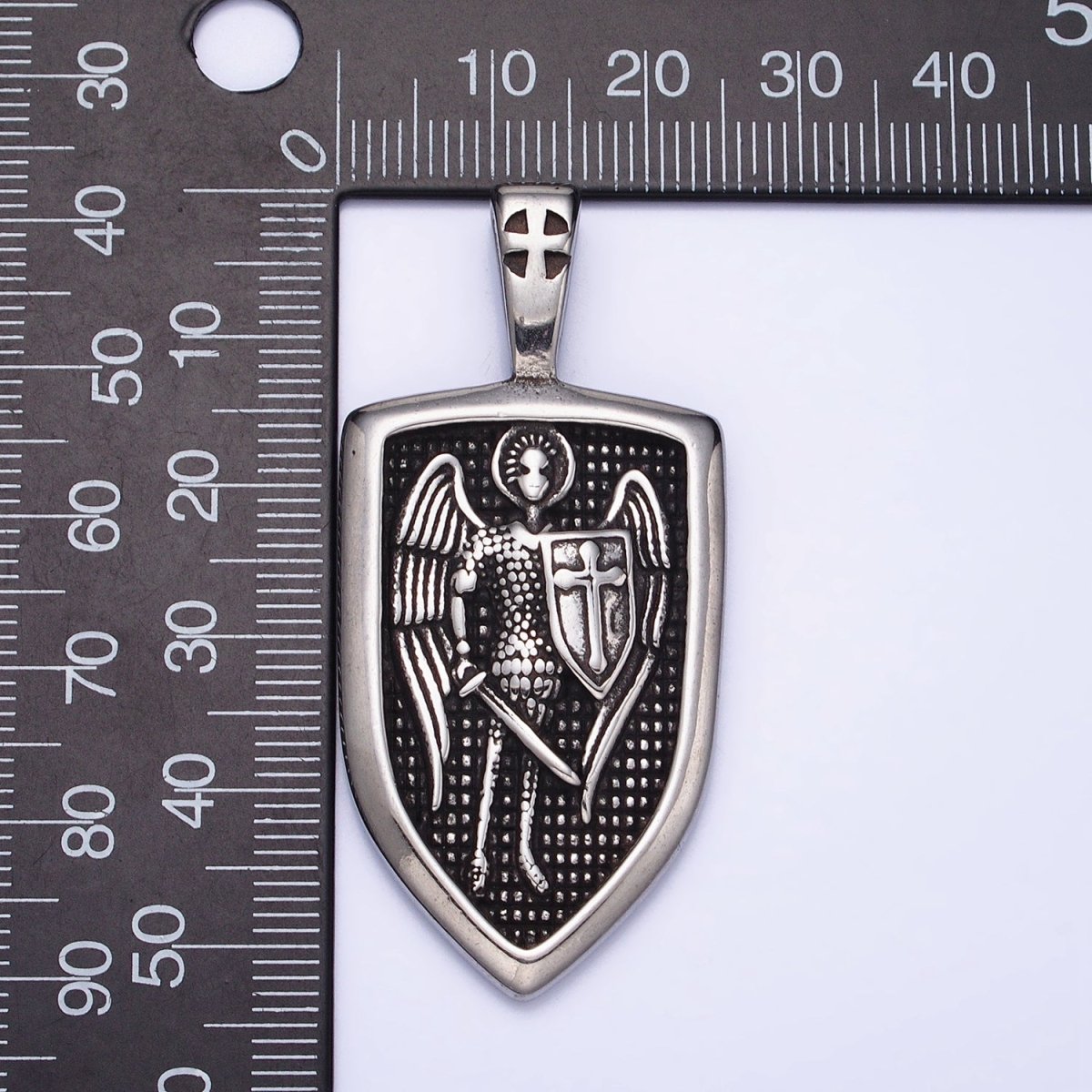 Stainless Steel Winged Angel Soldier Religious Cross Shield Crest Double Sided Pendant in Silver &amp; Gold | P-1135