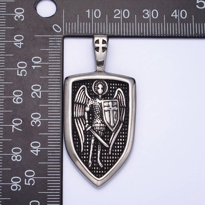 Stainless Steel Winged Angel Soldier Religious Cross Shield Crest Double Sided Pendant in Silver &amp; Gold | P-1135