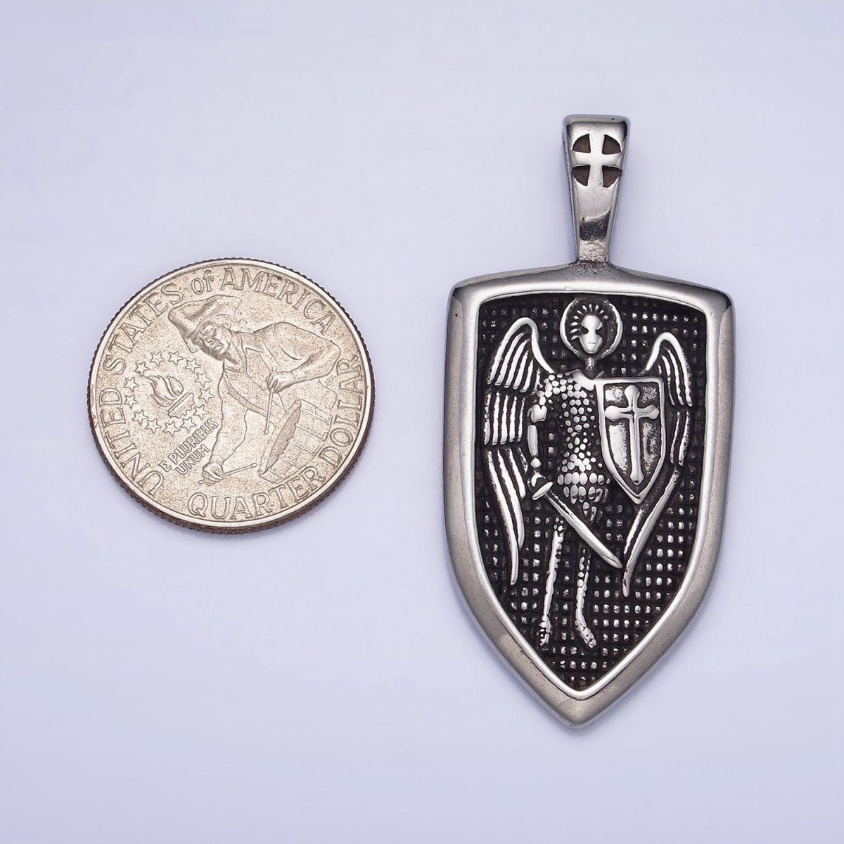 Stainless Steel Winged Angel Soldier Religious Cross Shield Crest Double Sided Pendant in Silver &amp; Gold | P-1135