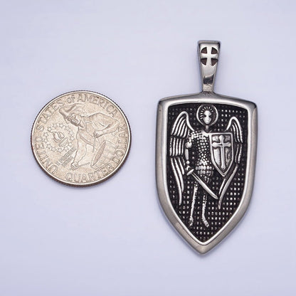 Stainless Steel Winged Angel Soldier Religious Cross Shield Crest Double Sided Pendant in Silver &amp; Gold | P-1135
