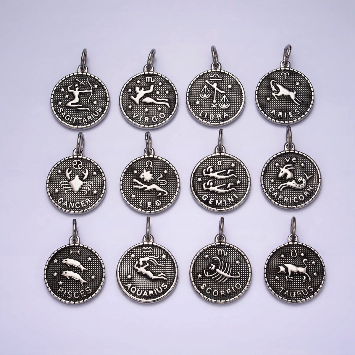 Stainless Steel Zodiac Astrological Sign Birth Star Constellation Dotted Round Silver Charm | A-A1229-A-A1234